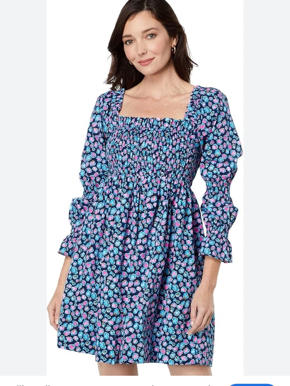 Lilly Pulitzer Navy Blue Floral Long Sleeve Smocked Mini Dress
